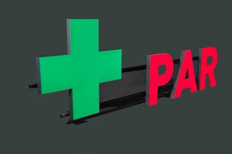 Leuchtendes LED Schild, grünes Plus und rote Schrift "PAR"